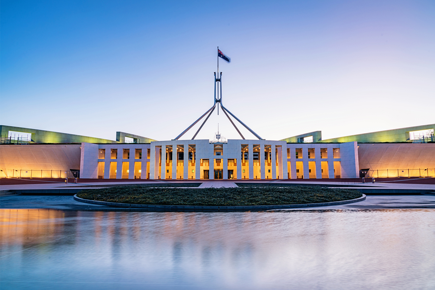 Parliament House Canberra at dusk
