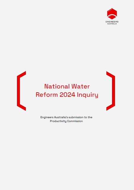 Plain light grey background with red text saying 'National water reform inquiry' inside large red brackets