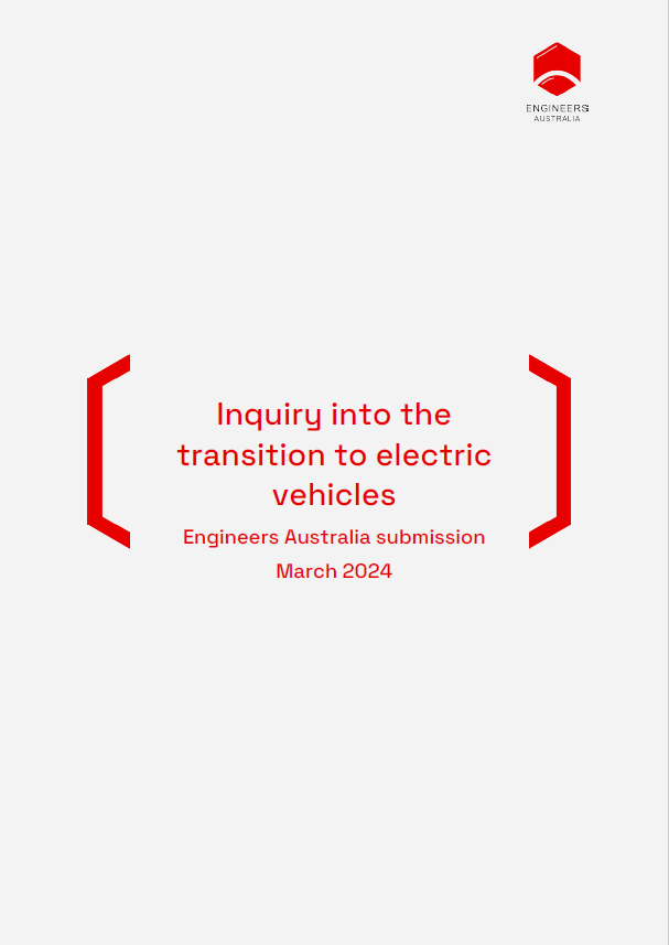 Grey background with red title, reading Inquiry into the transition to electric vehicles,  in large red brakcets