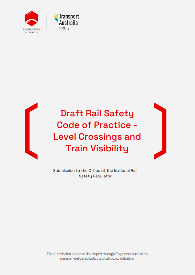 Grey background with red title, reading "draft rail safety code of practice - level crossings and train visibility',  in large red brackets